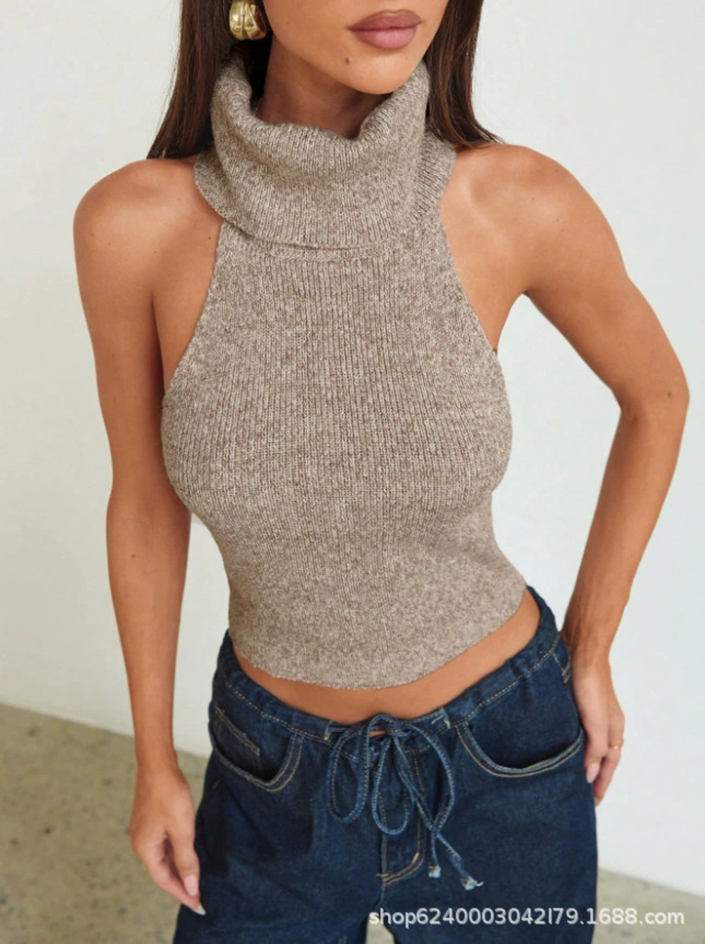 ZARA Womens Sexy Halter Ruched Neck Backless Slim Fit Knit Top Sweater Set